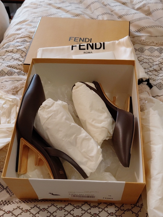 Fendi Shoes - Fendi Brown Leather Slingback Pumps with Gold Heel